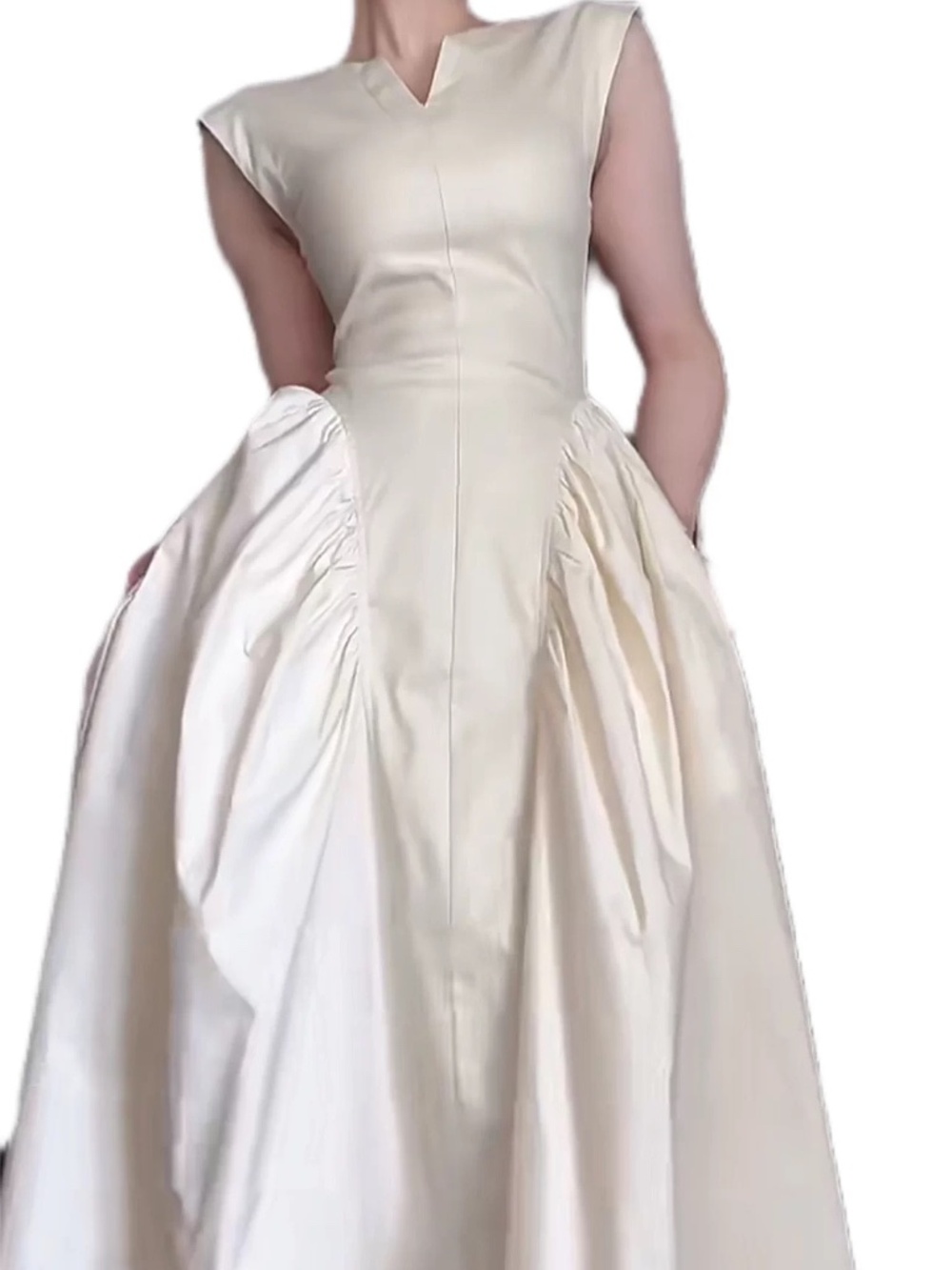 Ivory Cotton Maxi Dress Full Skirt Ruched Bodice - Picture 5 of 5